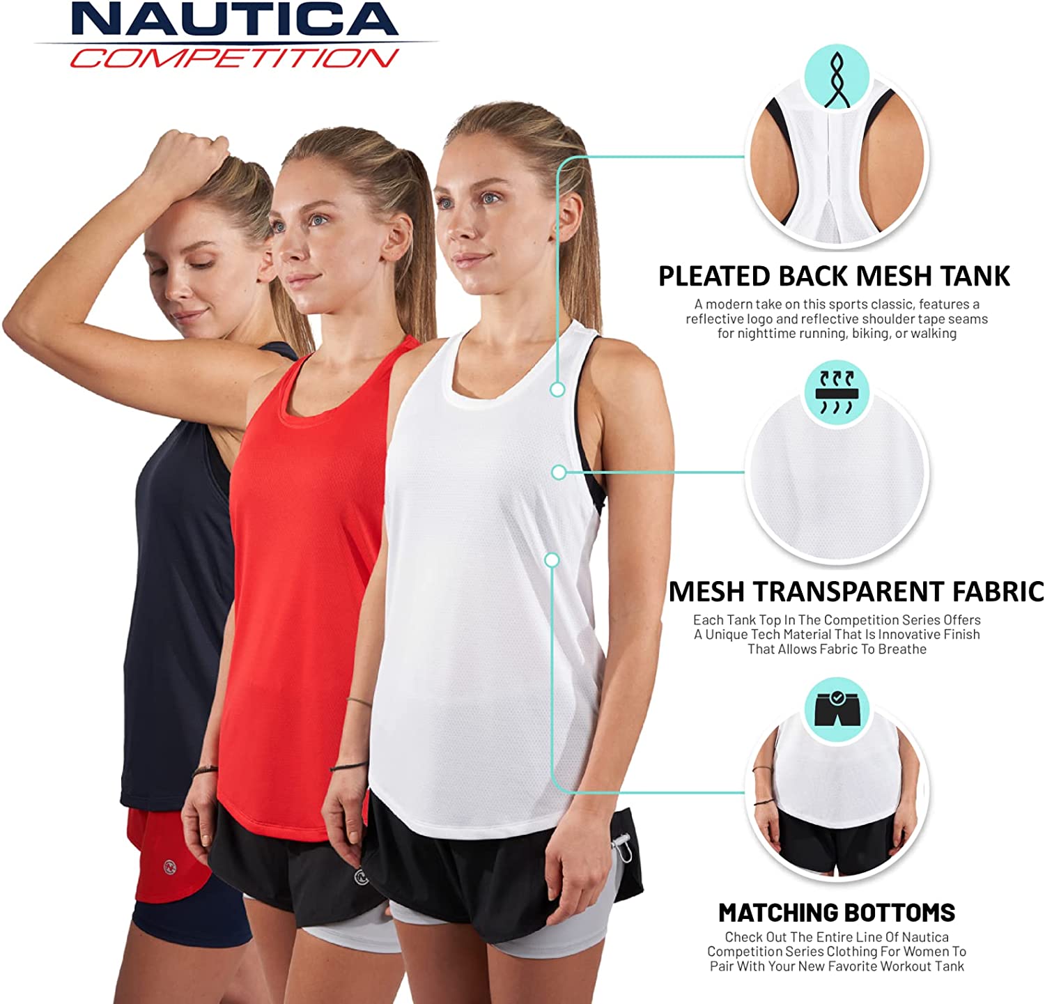 Nautica Competition 3 Pack Workout Tank Tops for Women Active Athletic Gym Workout Running Exercise Yoga Dry-Fit Fabric - Image 2